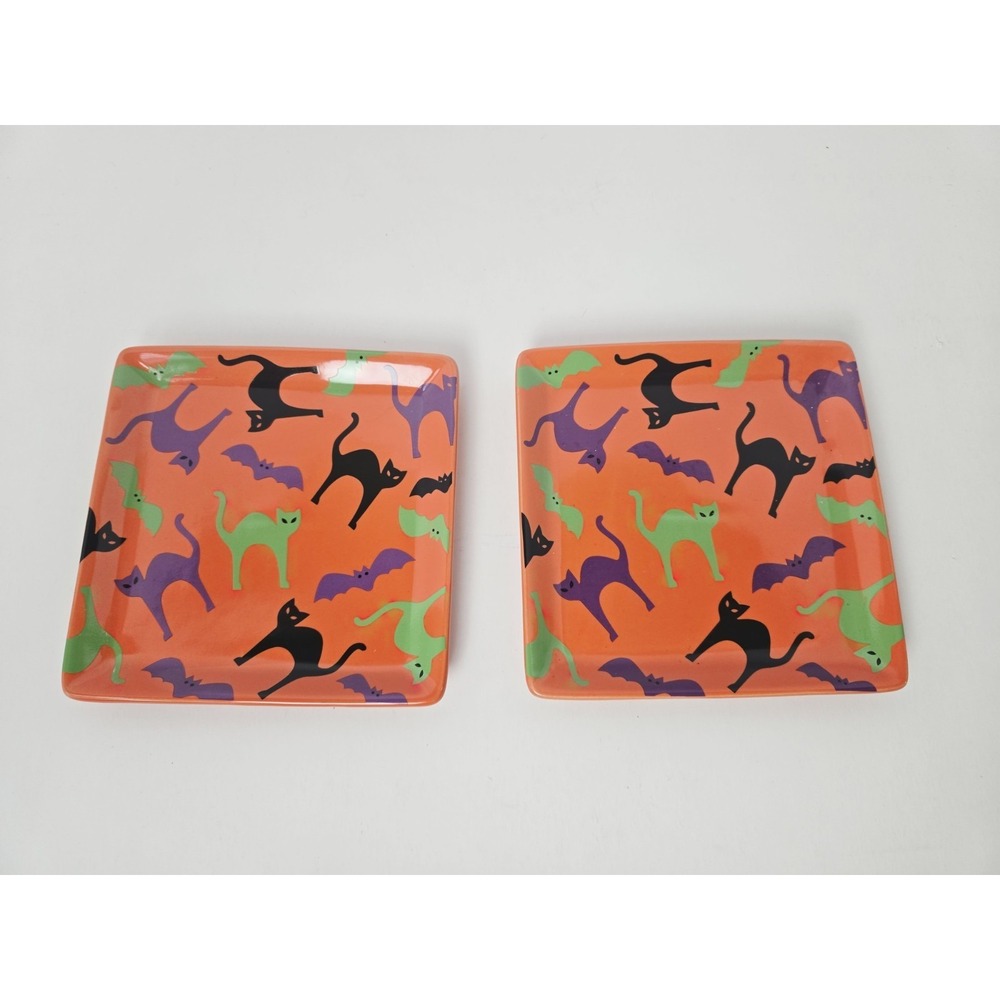 Crate & Barrel Halloween Black Cat plates Appetizer square set of‎ 2 Dessert